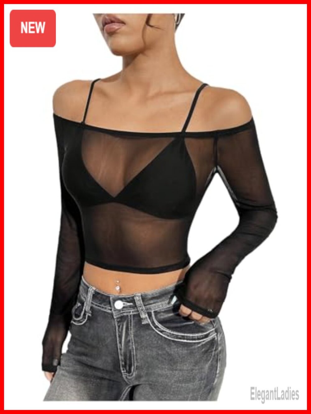 Women's Sheer Cropped Mesh Off Shoulder Long Sleeve Tee